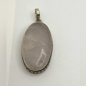 Vtg Rose Quartz Large Oval Silver Tone Pendant 2.4”